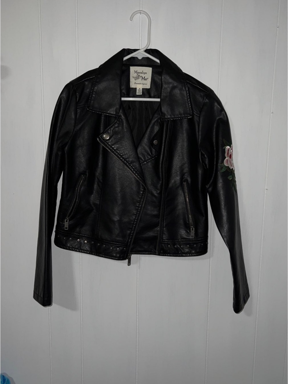 embroidered leather jacket // Black Faux Leather Jacket with Floral Embroidery